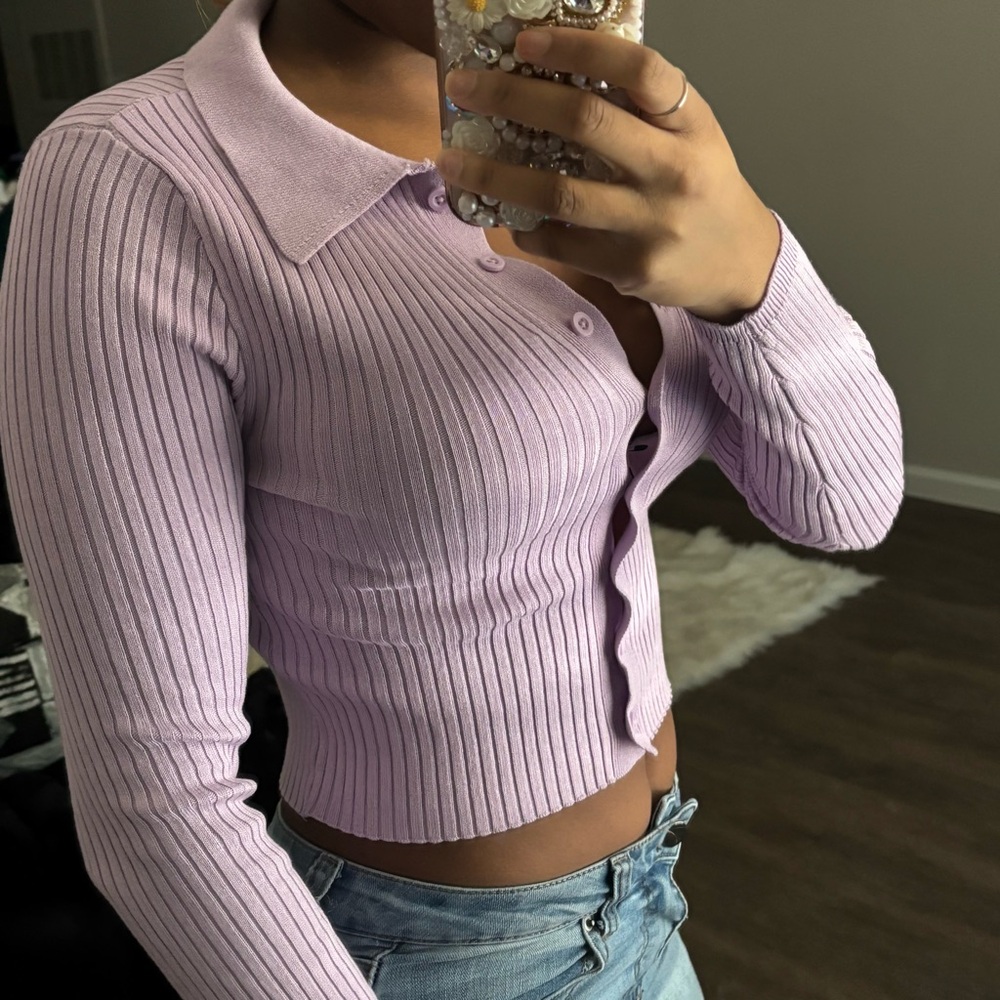Lilac Ribbed Button-Up Cardigan